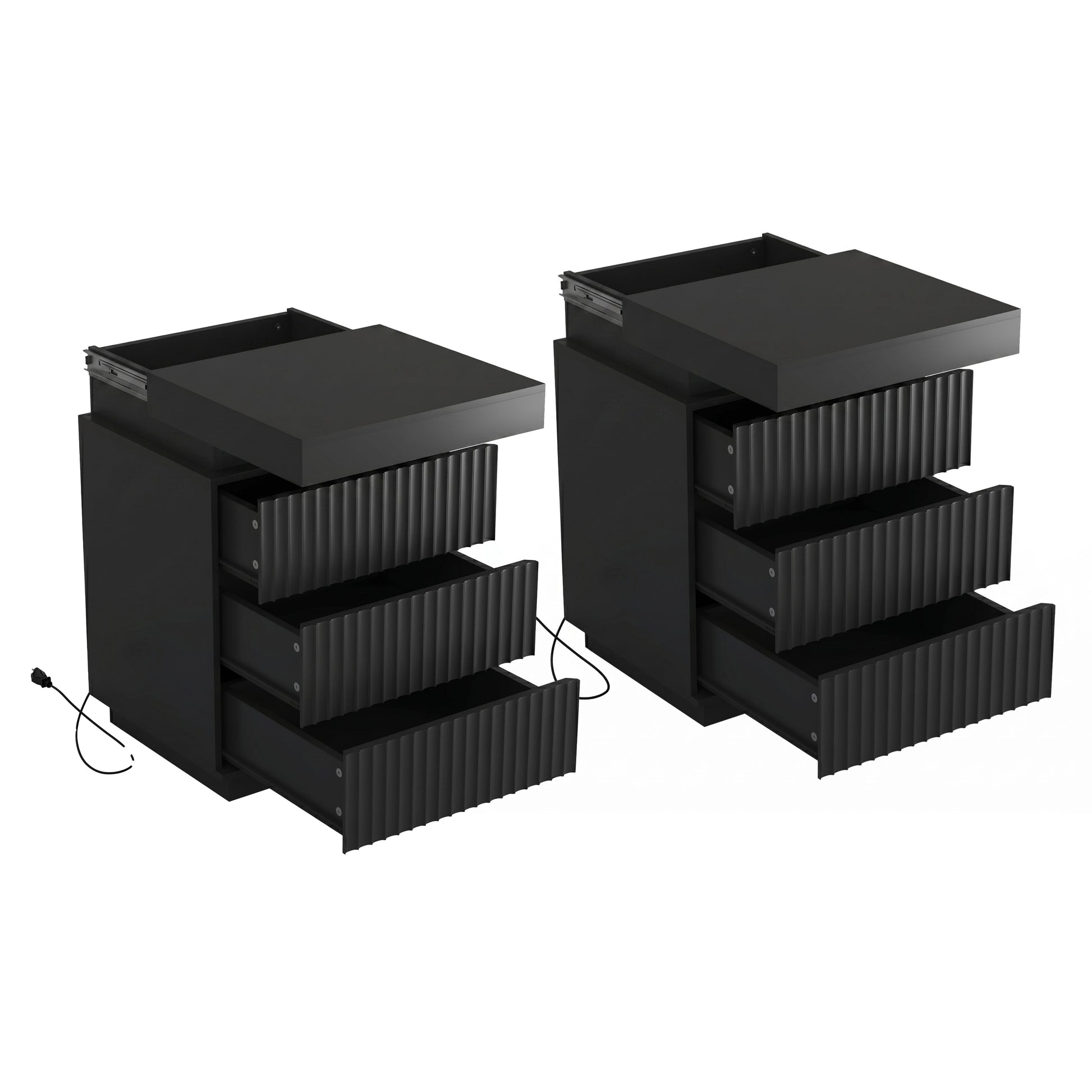 (Set of 2) Black Nightstand Set of 2 with Charging Station & LED Lights, Fluted Wave Panel Bedside Table with Sliding Top Hidden Storage, Night Stand for Bedroom Living Room image 7