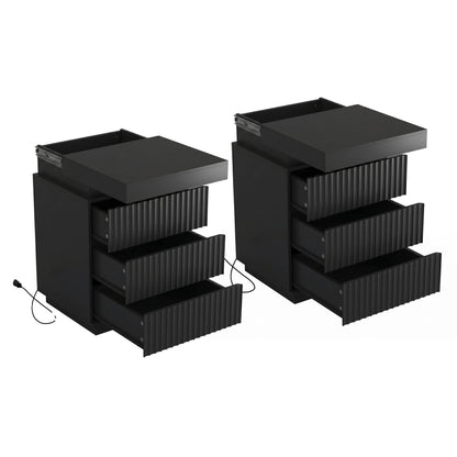 (Set of 2) Black Nightstand Set of 2 with Charging Station & LED Lights, Fluted Wave Panel Bedside Table with Sliding Top Hidden Storage, Night Stand for Bedroom Living Room image 7