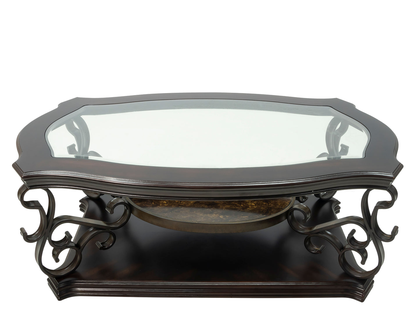 Cocktail Table, Glass table top, MDF W/marble paper middle shelf, powder coat finish metal legs. (52"Lx32"Wx20.3"H) image 12