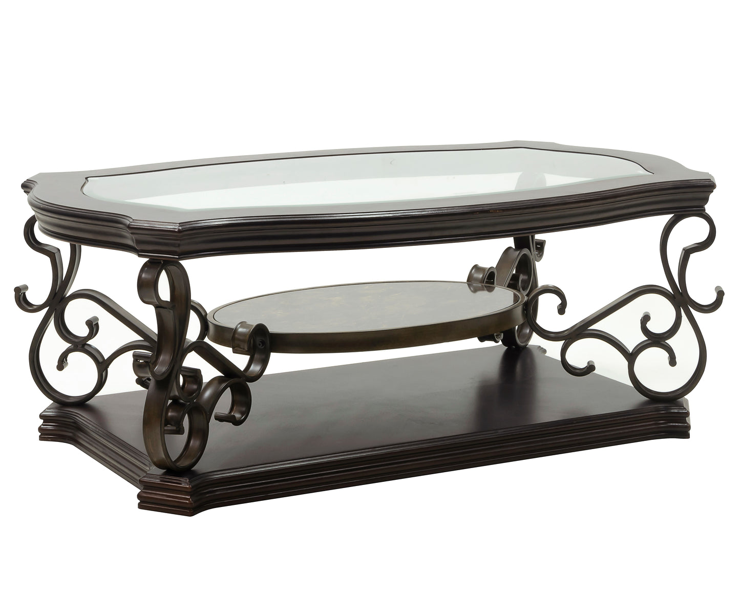 Cocktail Table, Glass table top, MDF W/marble paper middle shelf, powder coat finish metal legs. (52"Lx32"Wx20.3"H) image 2