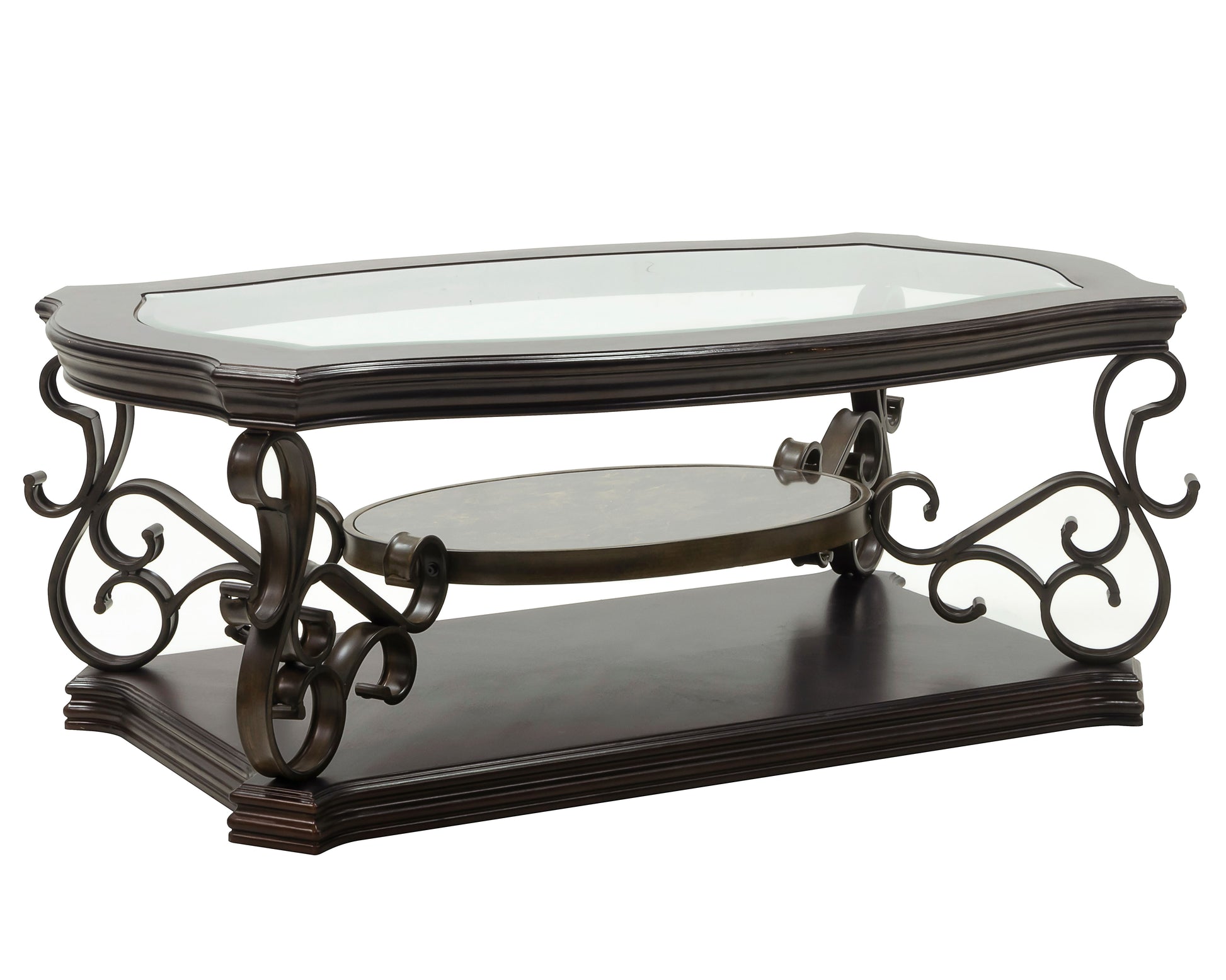 Cocktail Table, Glass table top, MDF W/marble paper middle shelf, powder coat finish metal legs. (52"Lx32"Wx20.3"H) image 2