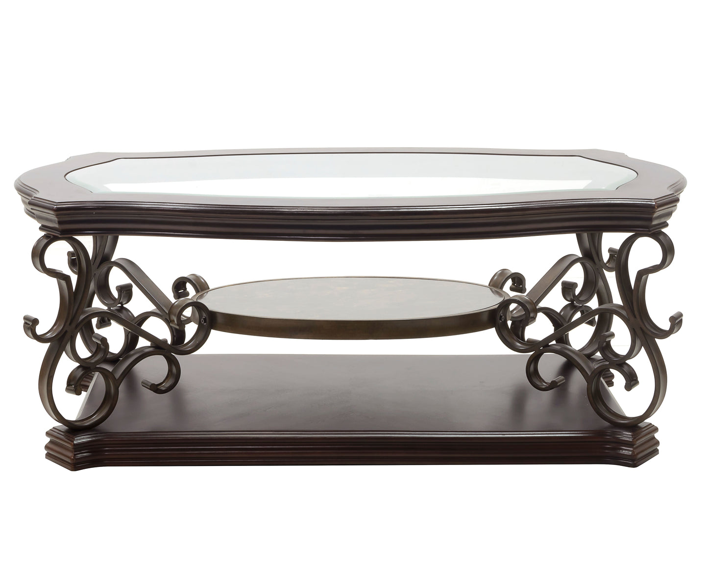 Cocktail Table, Glass table top, MDF W/marble paper middle shelf, powder coat finish metal legs. (52"Lx32"Wx20.3"H) image 6