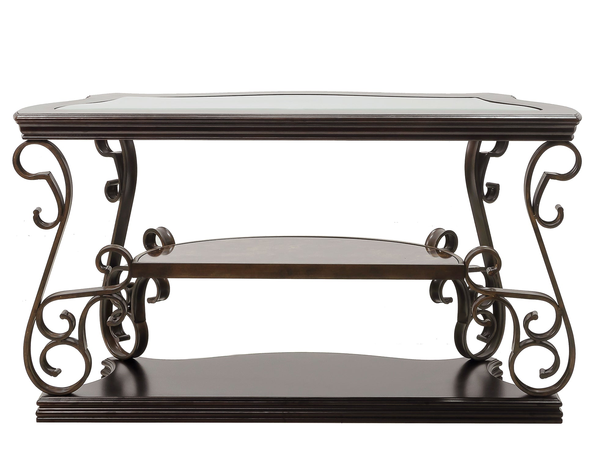 Sofa Table, Glass table top, MDF W/marble paper middle shelf, powder coat finish metal legs. (54"Lx20"Wx30"H) image 4