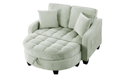 Two-seater sofa, double sofa chaise longue, with irregular armrests and backrests, footrest with storage space, comes with two small throw pillows, suitable for living room and bedroom - Cyan image 11