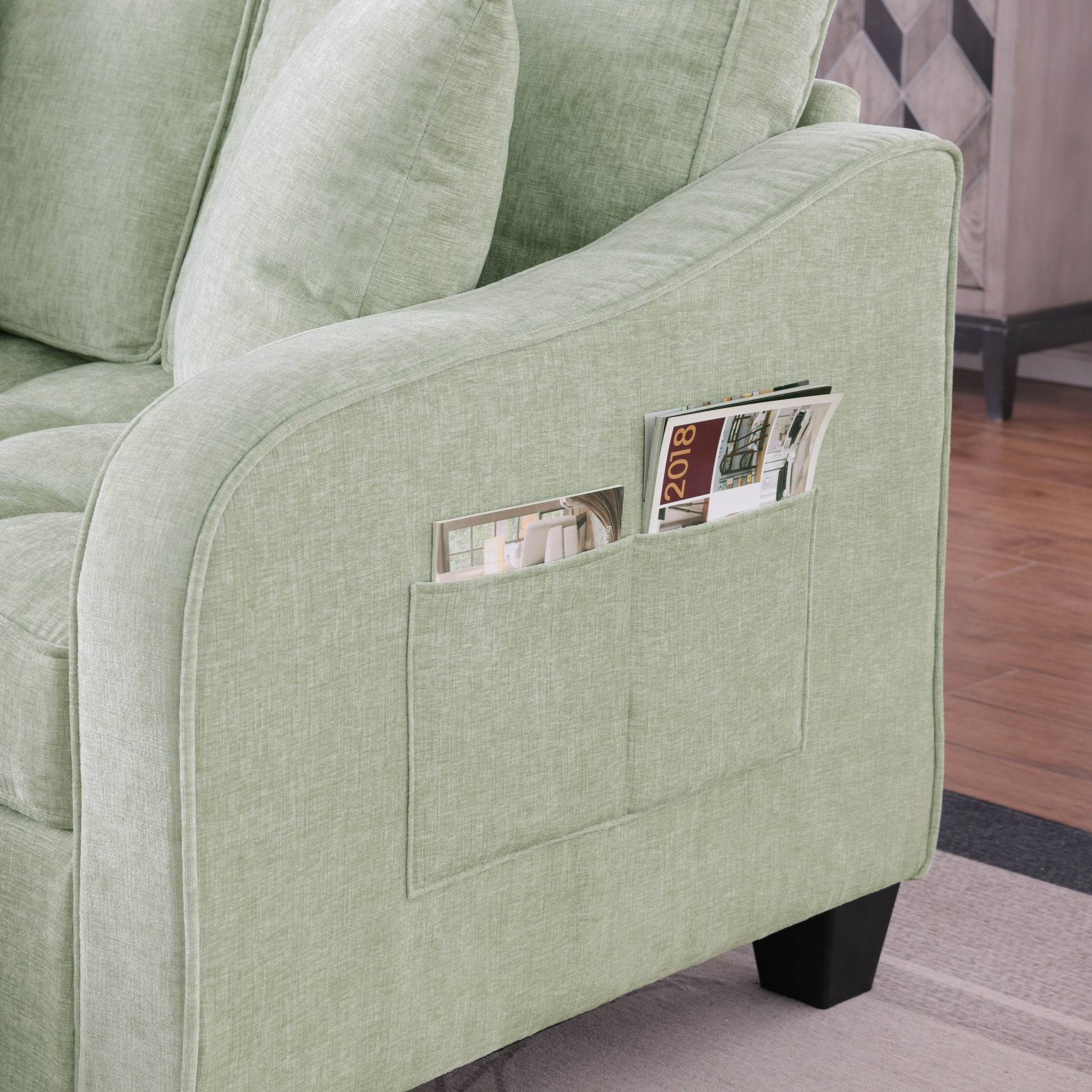 Two-seater sofa, double sofa chaise longue, with irregular armrests and backrests, footrest with storage space, comes with two small throw pillows, suitable for living room and bedroom - Cyan image 6
