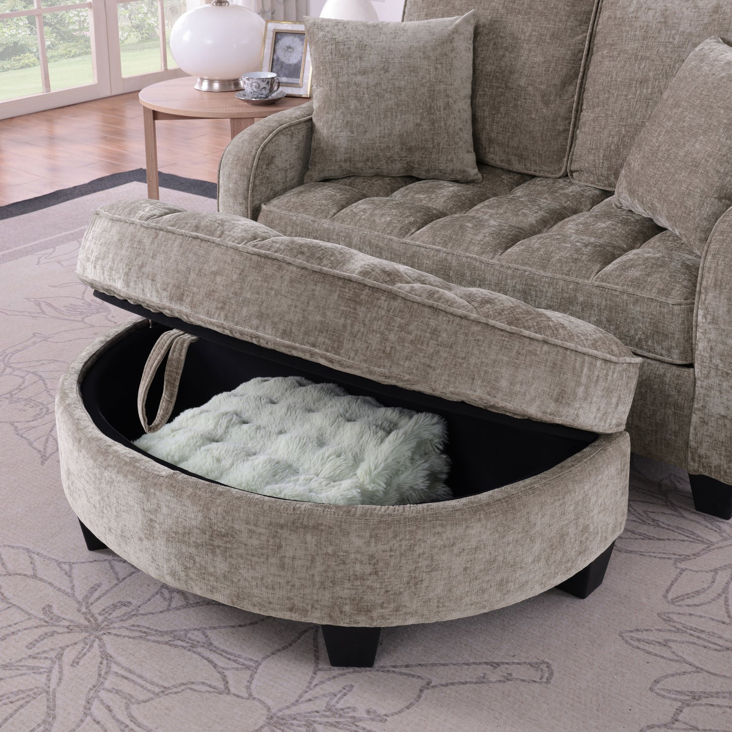 Two-seater sofa, double sofa chaise longue, with irregular armrests and backrests, footrest with storage space, comes with two small throw pillows, suitable for living room and bedroom - Brown image 5