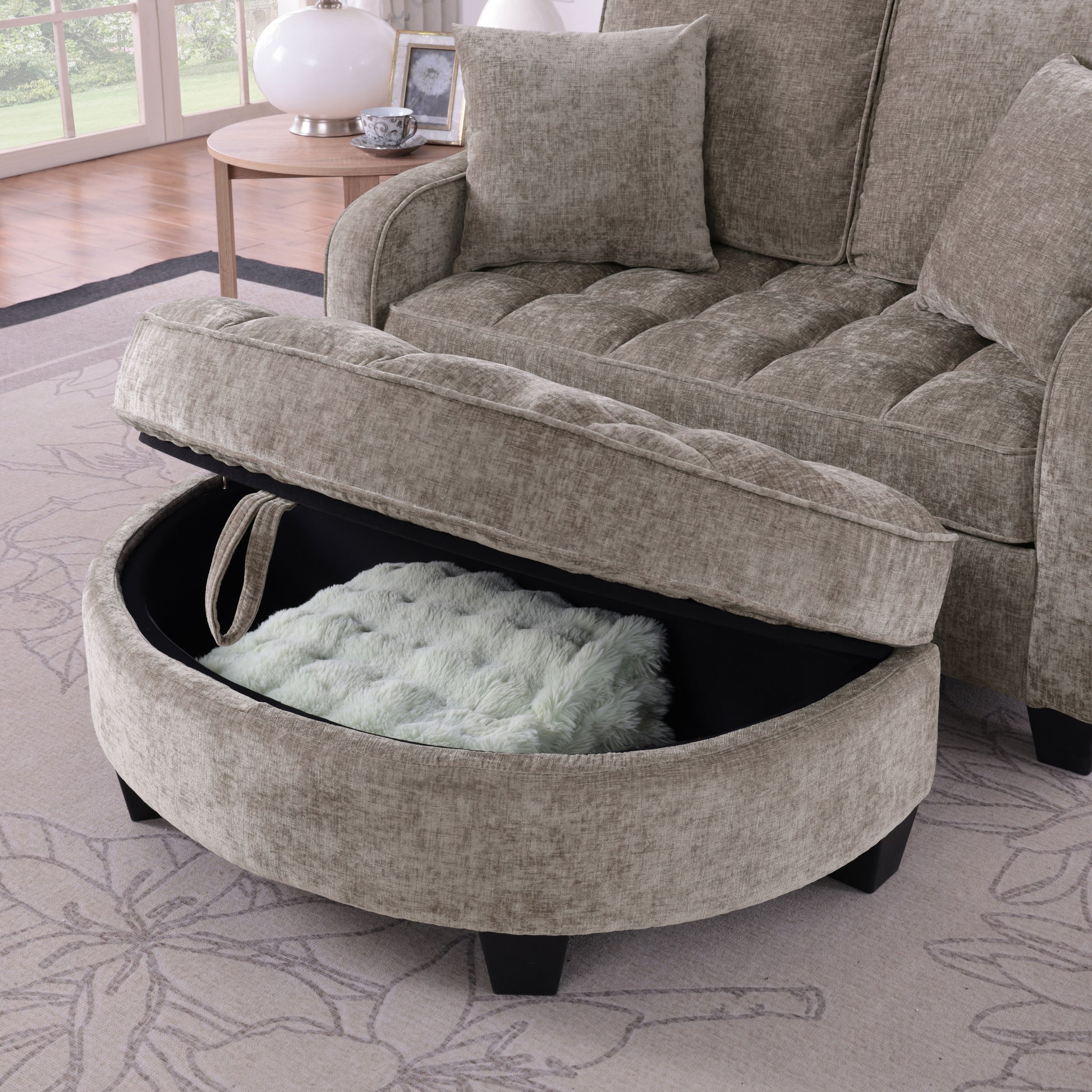 Two-seater sofa, double sofa chaise longue, with irregular armrests and backrests, footrest with storage space, comes with two small throw pillows, suitable for living room and bedroom - Brown image 5