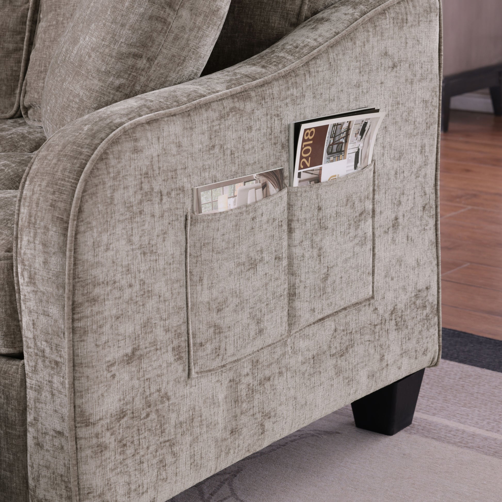 Two-seater sofa, double sofa chaise longue, with irregular armrests and backrests, footrest with storage space, comes with two small throw pillows, suitable for living room and bedroom - Brown image 6