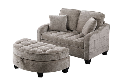 Two-seater sofa, double sofa chaise longue, with irregular armrests and backrests, footrest with storage space, comes with two small throw pillows, suitable for living room and bedroom - Brown image 8