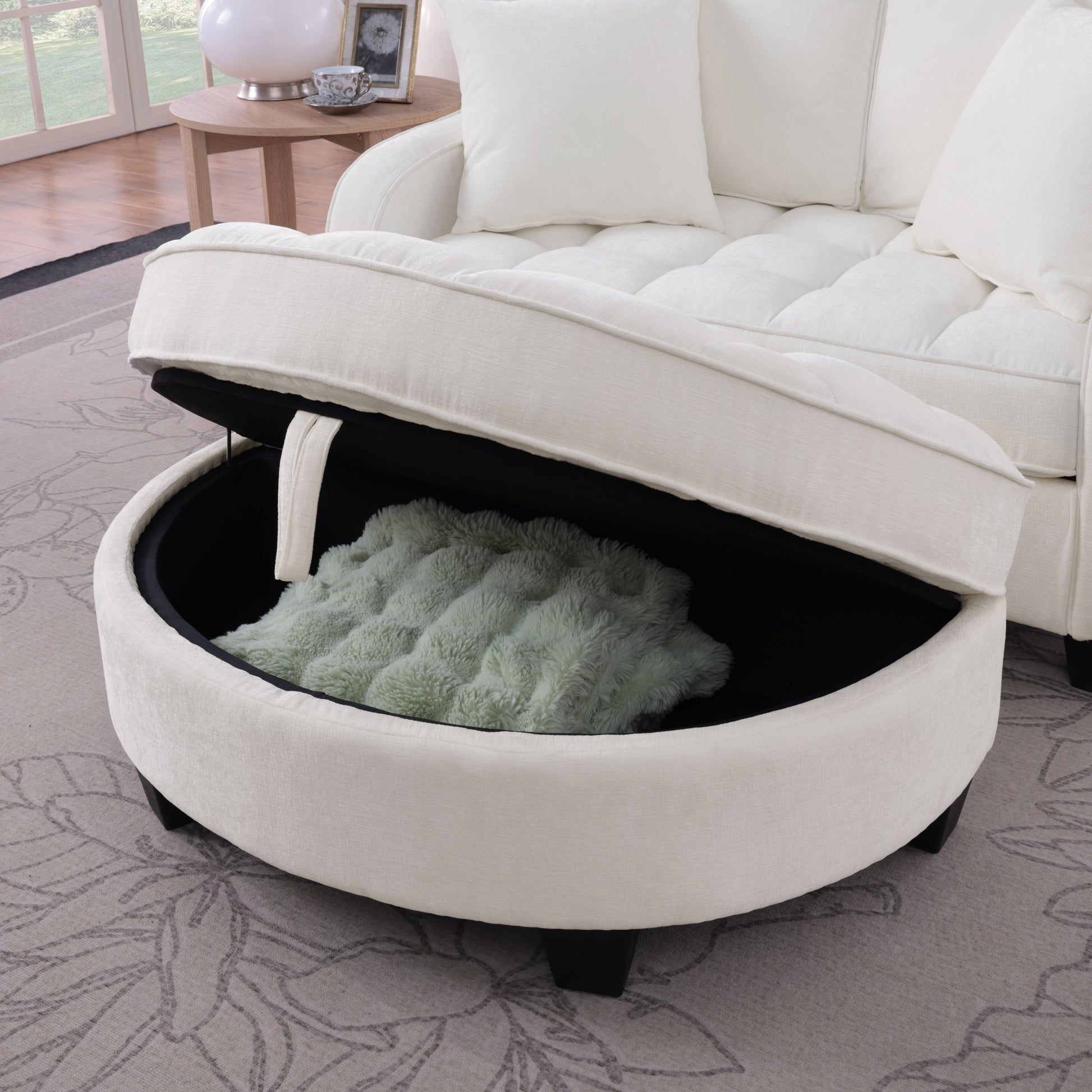 Two-seater sofa, double sofa chaise longue, with irregular armrests and backrests, footrest with storage space, comes with two small throw pillows, suitable for living room and bedroom - Beige image 5