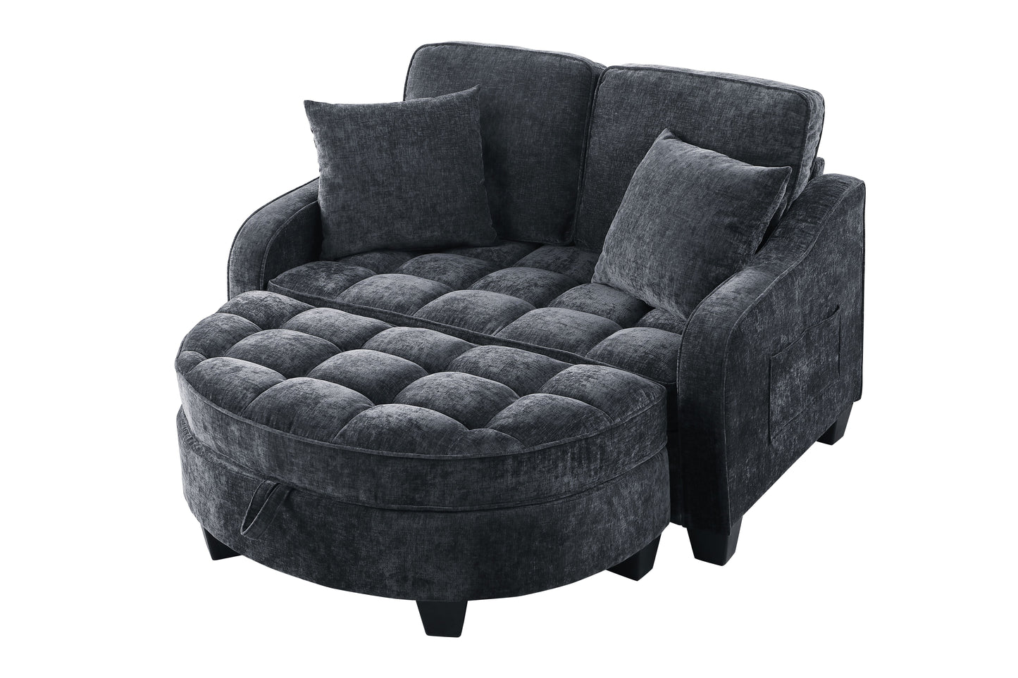 Two-seater sofa, double sofa chaise longue, with irregular armrests and backrests, footrest with storage space, comes with two small throw pillows, suitable for living room and bedroom - Black image 10