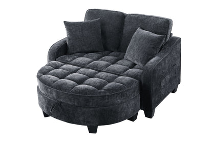 Two-seater sofa, double sofa chaise longue, with irregular armrests and backrests, footrest with storage space, comes with two small throw pillows, suitable for living room and bedroom - Black image 10