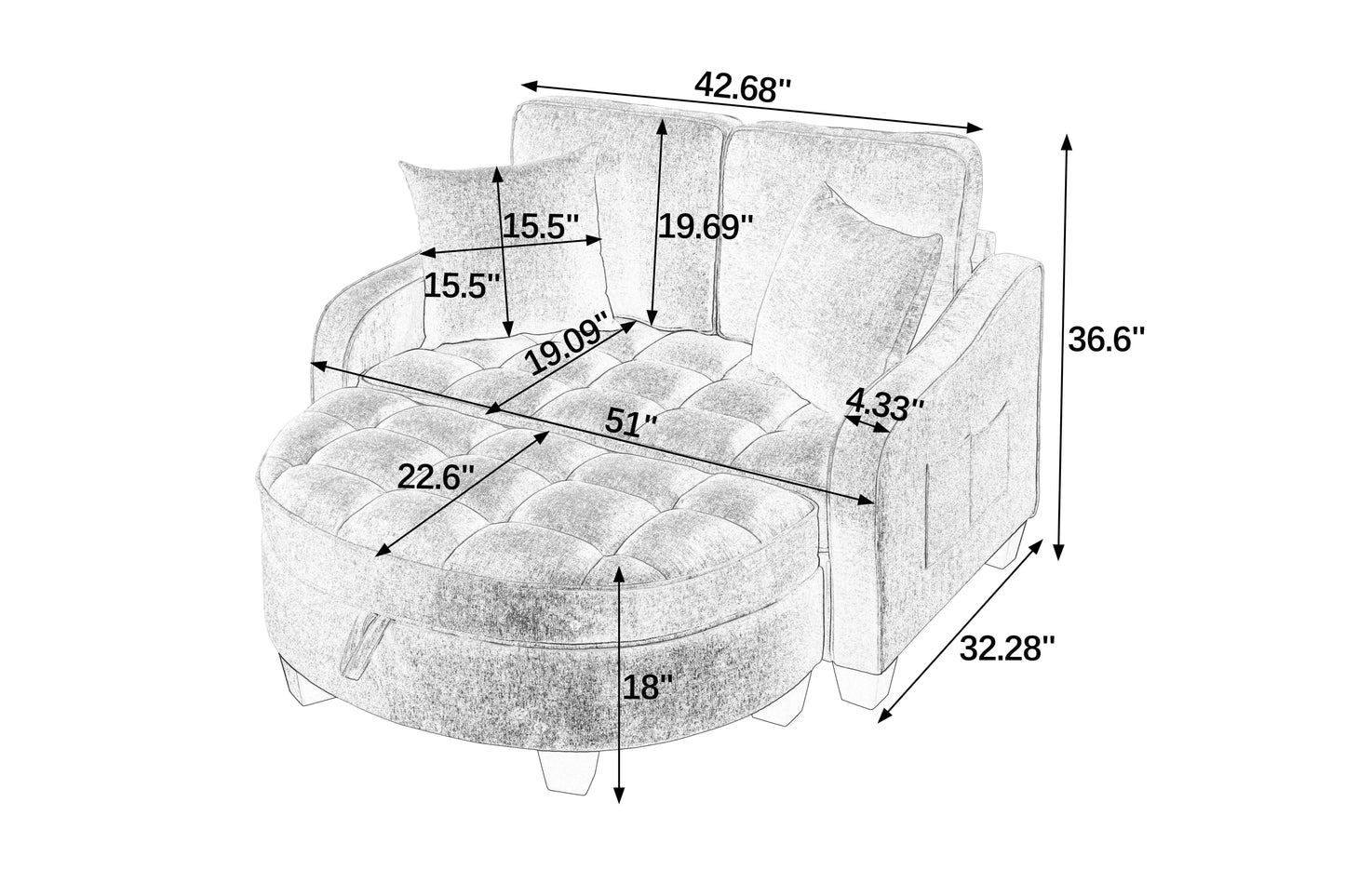 Two-seater sofa, double sofa chaise longue, with irregular armrests and backrests, footrest with storage space, comes with two small throw pillows, suitable for living room and bedroom - Black image 12