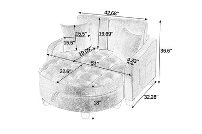 Two-seater sofa, double sofa chaise longue, with irregular armrests and backrests, footrest with storage space, comes with two small throw pillows, suitable for living room and bedroom - Black image 12