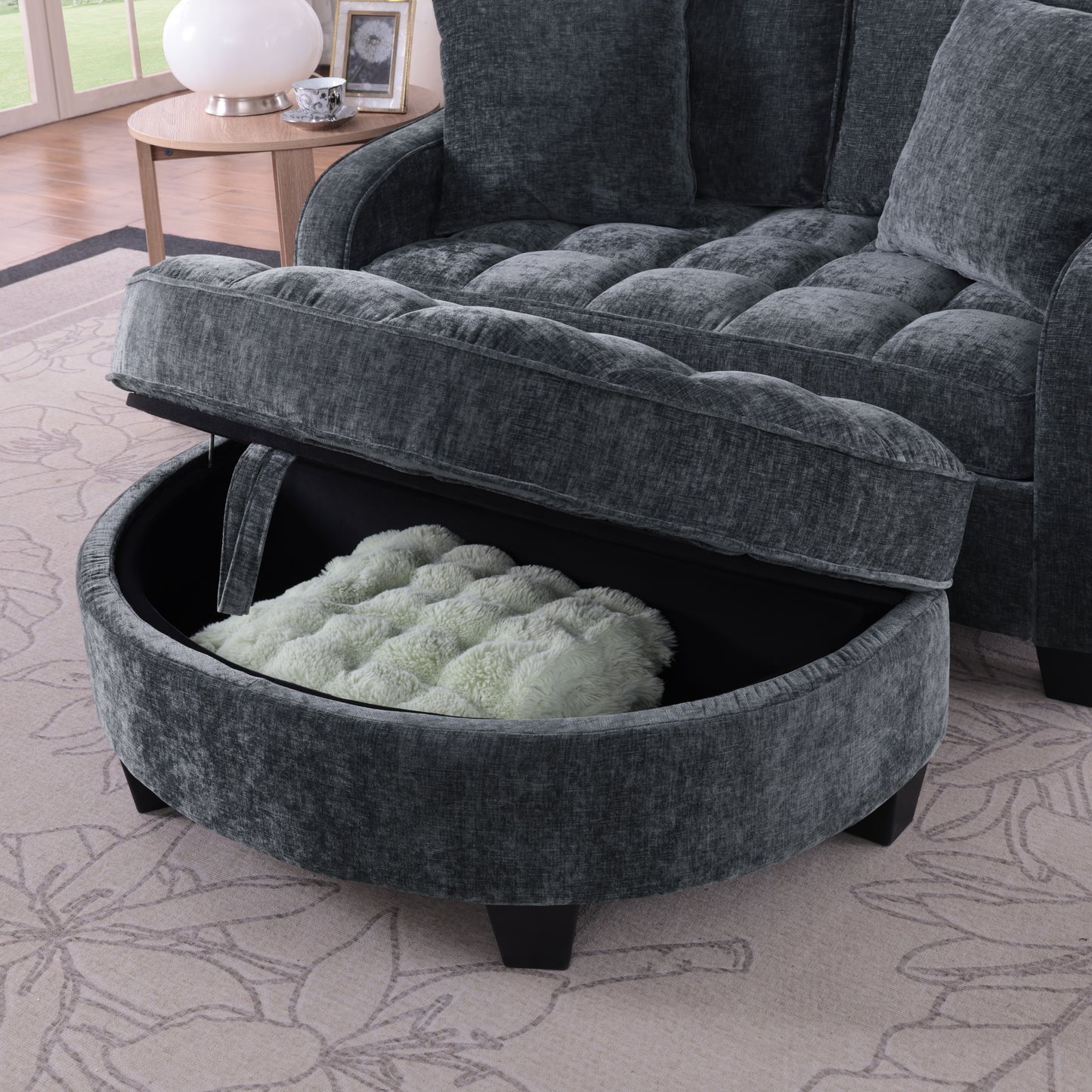 Two-seater sofa, double sofa chaise longue, with irregular armrests and backrests, footrest with storage space, comes with two small throw pillows, suitable for living room and bedroom - Black image 5