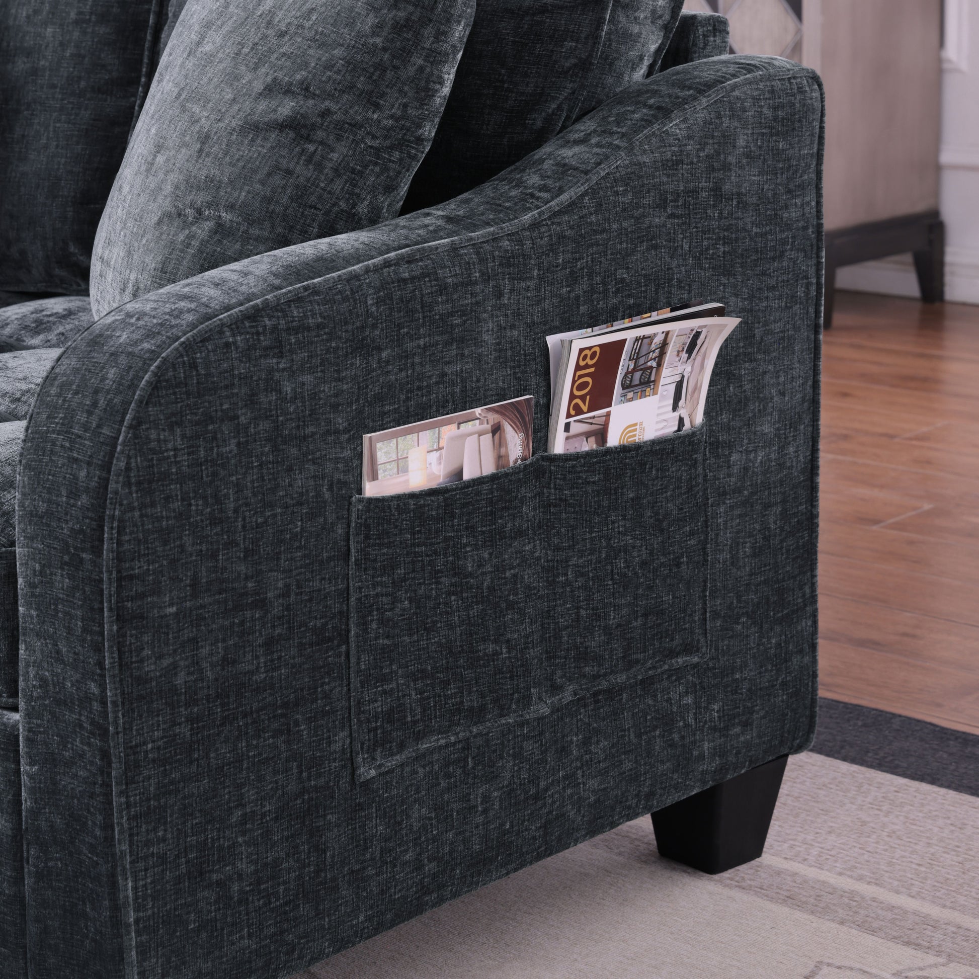 Two-seater sofa, double sofa chaise longue, with irregular armrests and backrests, footrest with storage space, comes with two small throw pillows, suitable for living room and bedroom - Black image 6