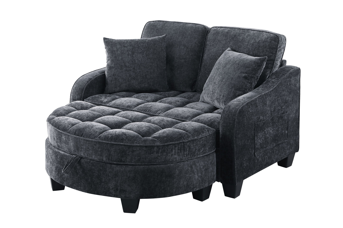 Two-seater sofa, double sofa chaise longue, with irregular armrests and backrests, footrest with storage space, comes with two small throw pillows, suitable for living room and bedroom - Black image 8