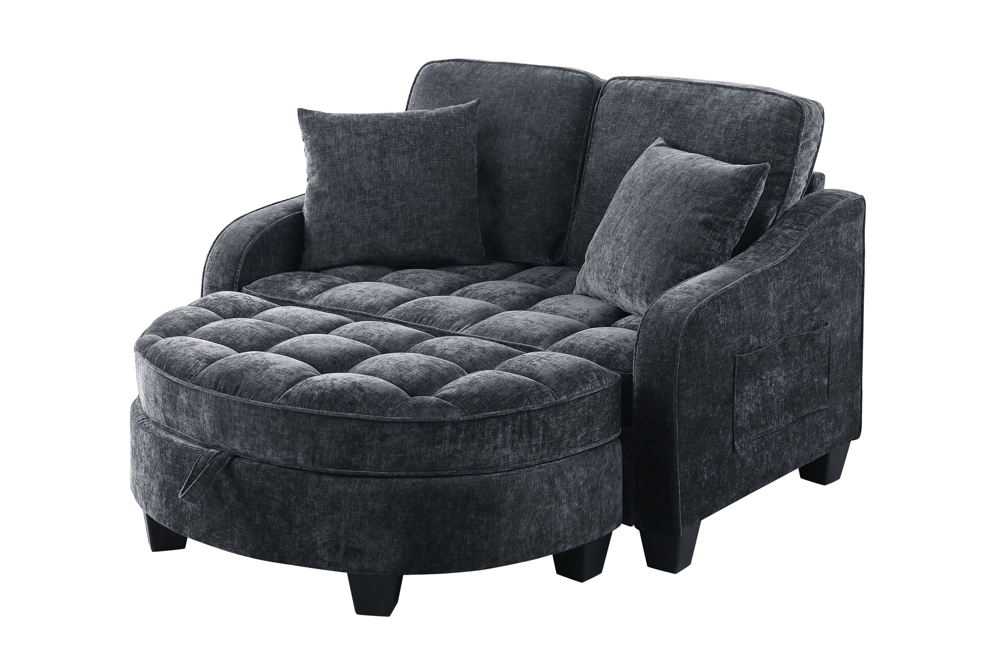 Two-seater sofa, double sofa chaise longue, with irregular armrests and backrests, footrest with storage space, comes with two small throw pillows, suitable for living room and bedroom - Black image 8