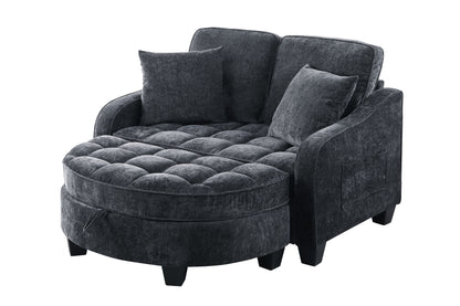 Two-seater sofa, double sofa chaise longue, with irregular armrests and backrests, footrest with storage space, comes with two small throw pillows, suitable for living room and bedroom - Black image 8