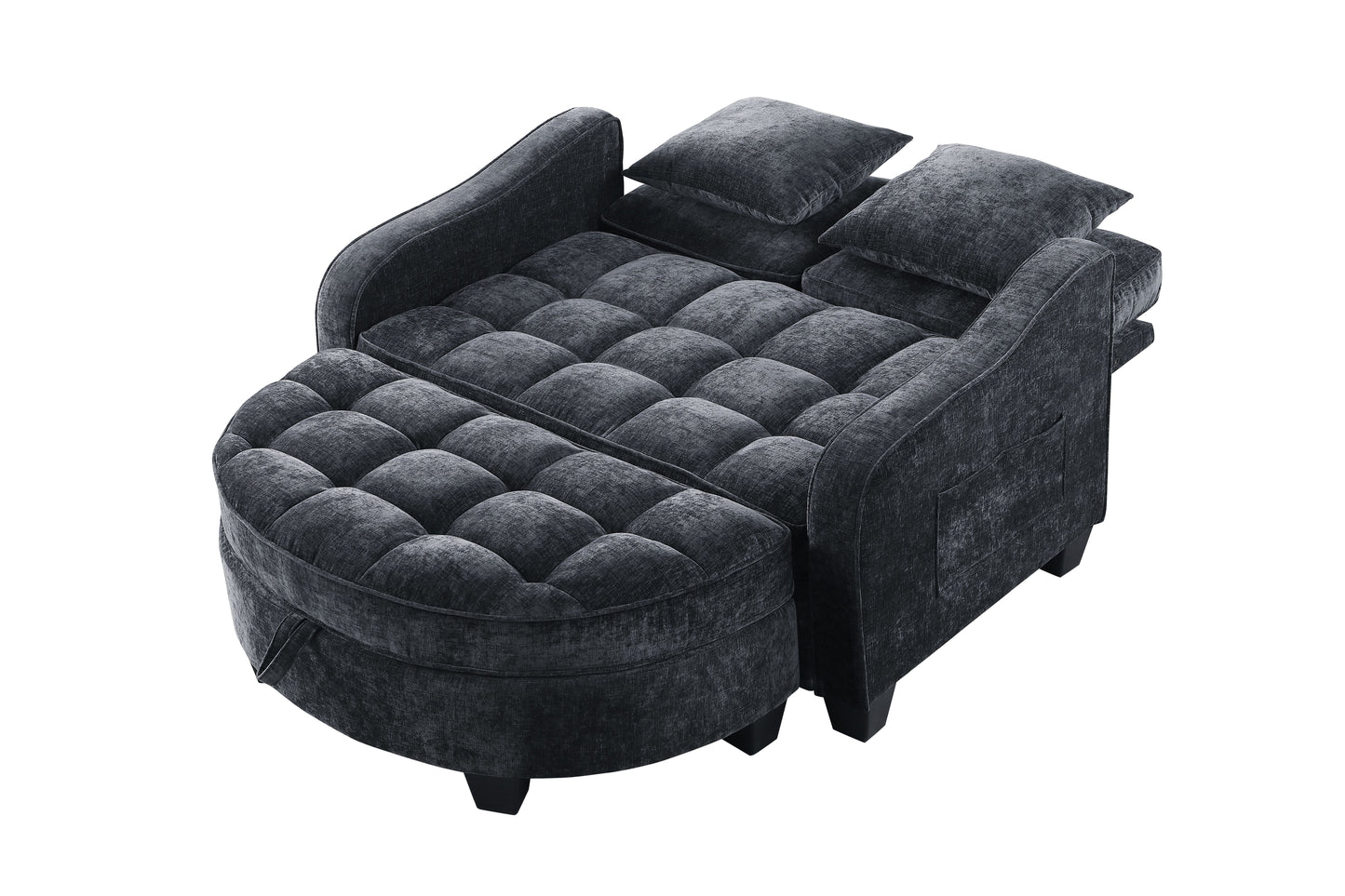 Two-seater sofa, double sofa chaise longue, with irregular armrests and backrests, footrest with storage space, comes with two small throw pillows, suitable for living room and bedroom - Black image 9