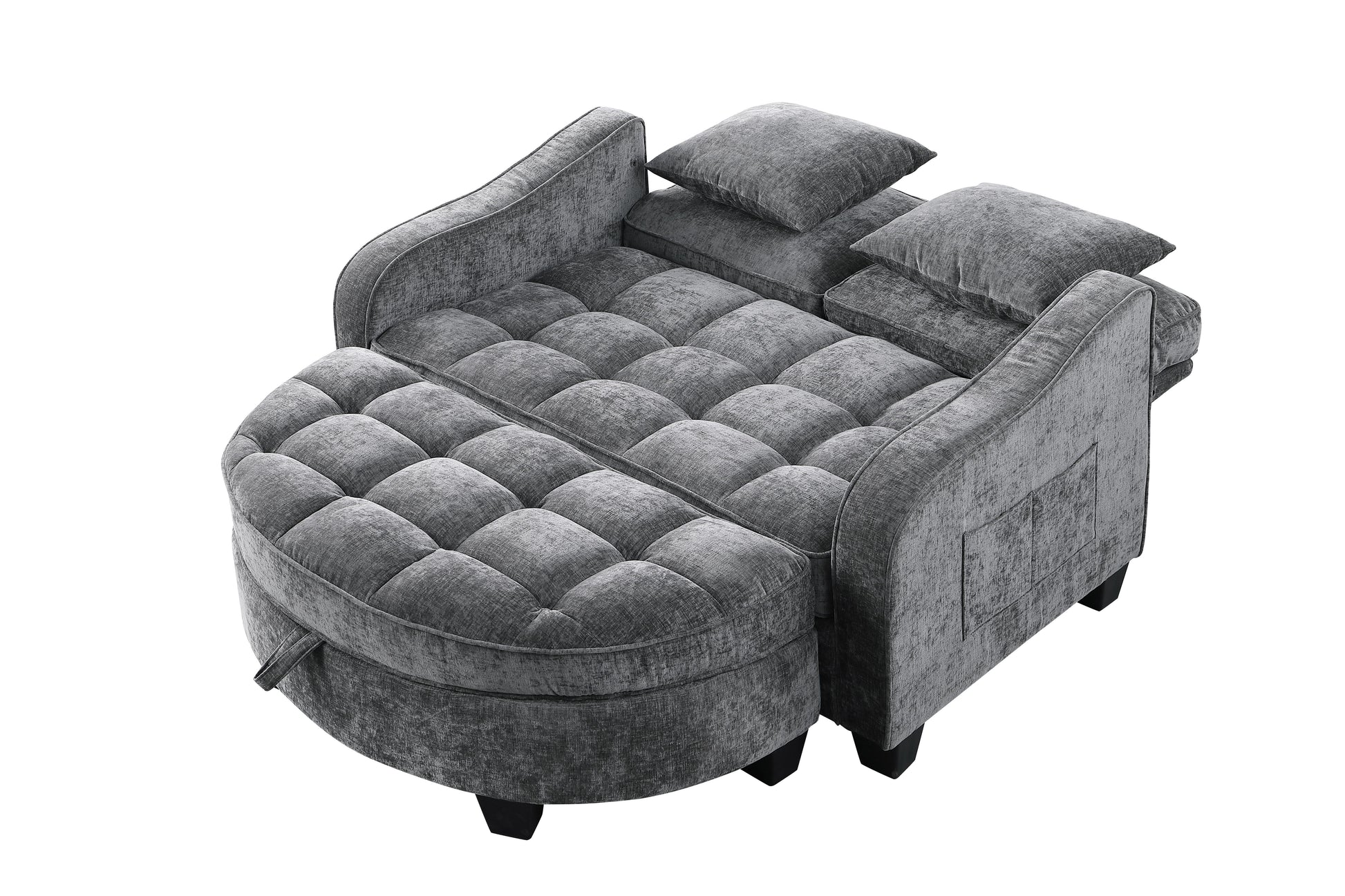Two-seater sofa, double sofa chaise longue, with irregular armrests and backrests, footrest with storage space, comes with two small throw pillows, suitable for living room and bedroom - Grey image 10