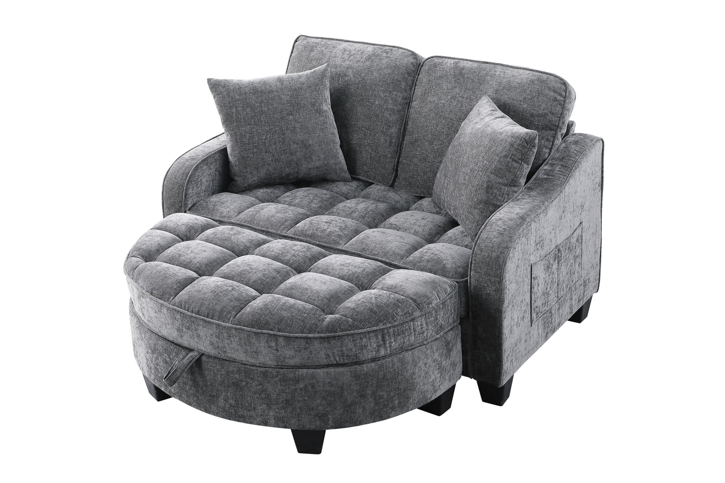 Two-seater sofa, double sofa chaise longue, with irregular armrests and backrests, footrest with storage space, comes with two small throw pillows, suitable for living room and bedroom - Grey image 11