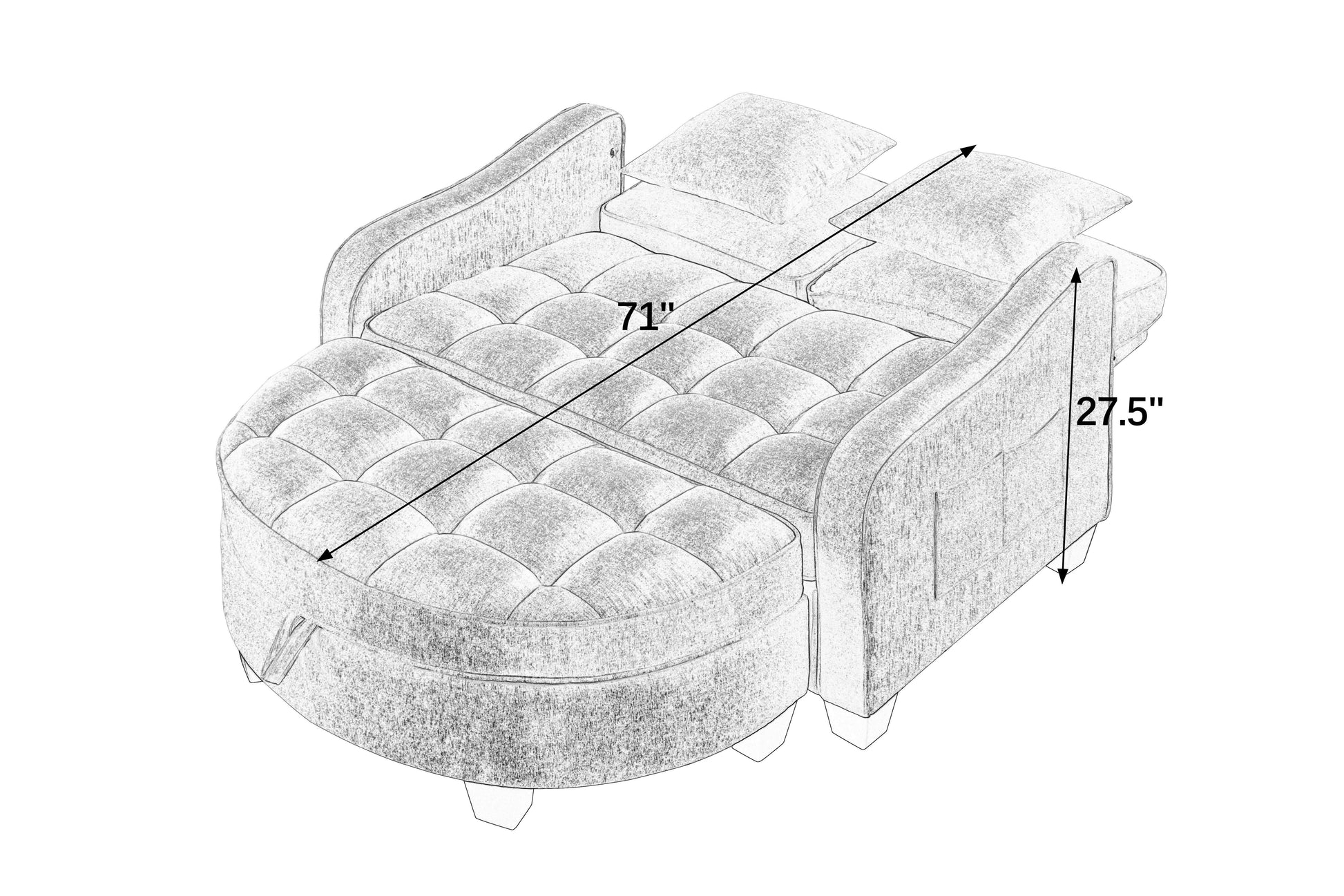Two-seater sofa, double sofa chaise longue, with irregular armrests and backrests, footrest with storage space, comes with two small throw pillows, suitable for living room and bedroom - Grey image 12