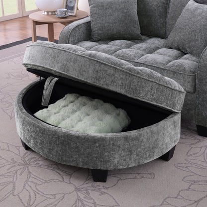 Two-seater sofa, double sofa chaise longue, with irregular armrests and backrests, footrest with storage space, comes with two small throw pillows, suitable for living room and bedroom - Grey image 5