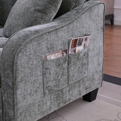 Two-seater sofa, double sofa chaise longue, with irregular armrests and backrests, footrest with storage space, comes with two small throw pillows, suitable for living room and bedroom - Grey image 7