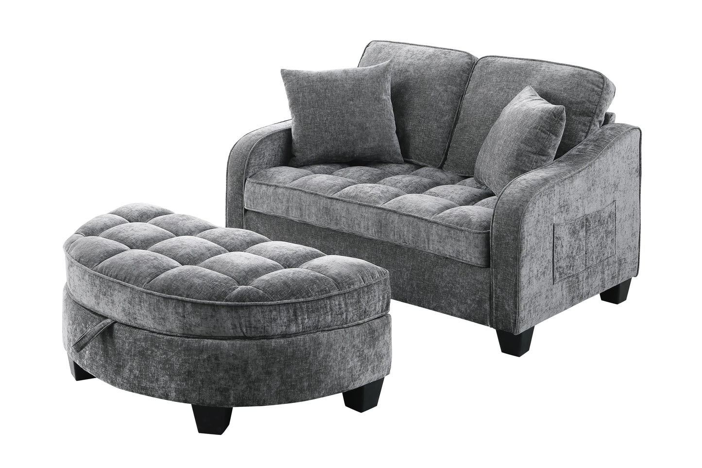 Two-seater sofa, double sofa chaise longue, with irregular armrests and backrests, footrest with storage space, comes with two small throw pillows, suitable for living room and bedroom - Grey image 8