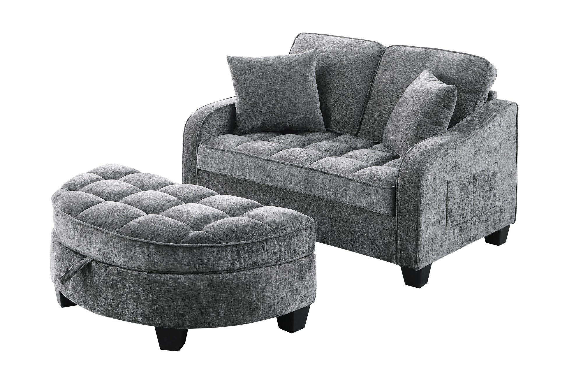 Two-seater sofa, double sofa chaise longue, with irregular armrests and backrests, footrest with storage space, comes with two small throw pillows, suitable for living room and bedroom - Grey image 8
