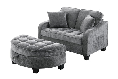 Two-seater sofa, double sofa chaise longue, with irregular armrests and backrests, footrest with storage space, comes with two small throw pillows, suitable for living room and bedroom - Grey image 8