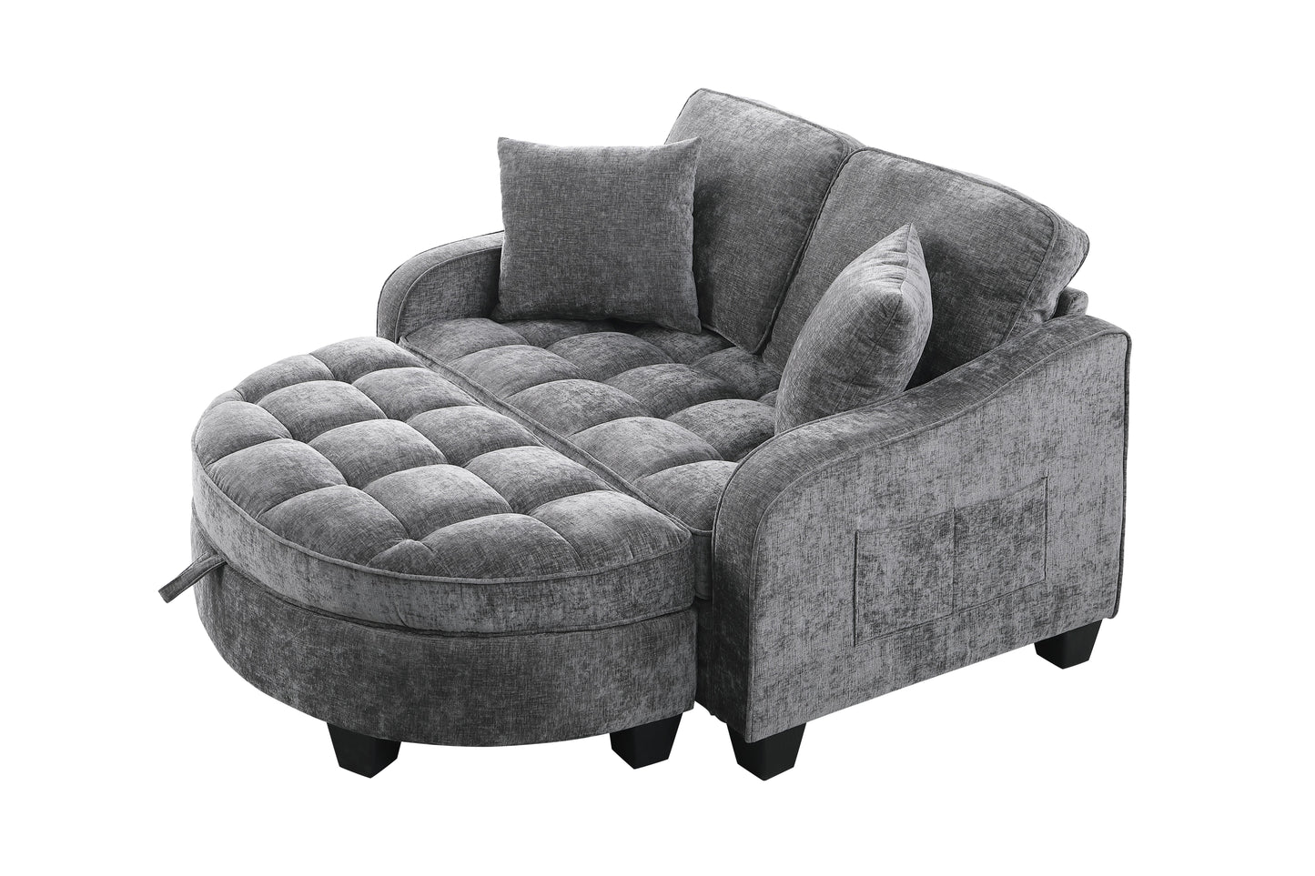 Two-seater sofa, double sofa chaise longue, with irregular armrests and backrests, footrest with storage space, comes with two small throw pillows, suitable for living room and bedroom - Grey image 9