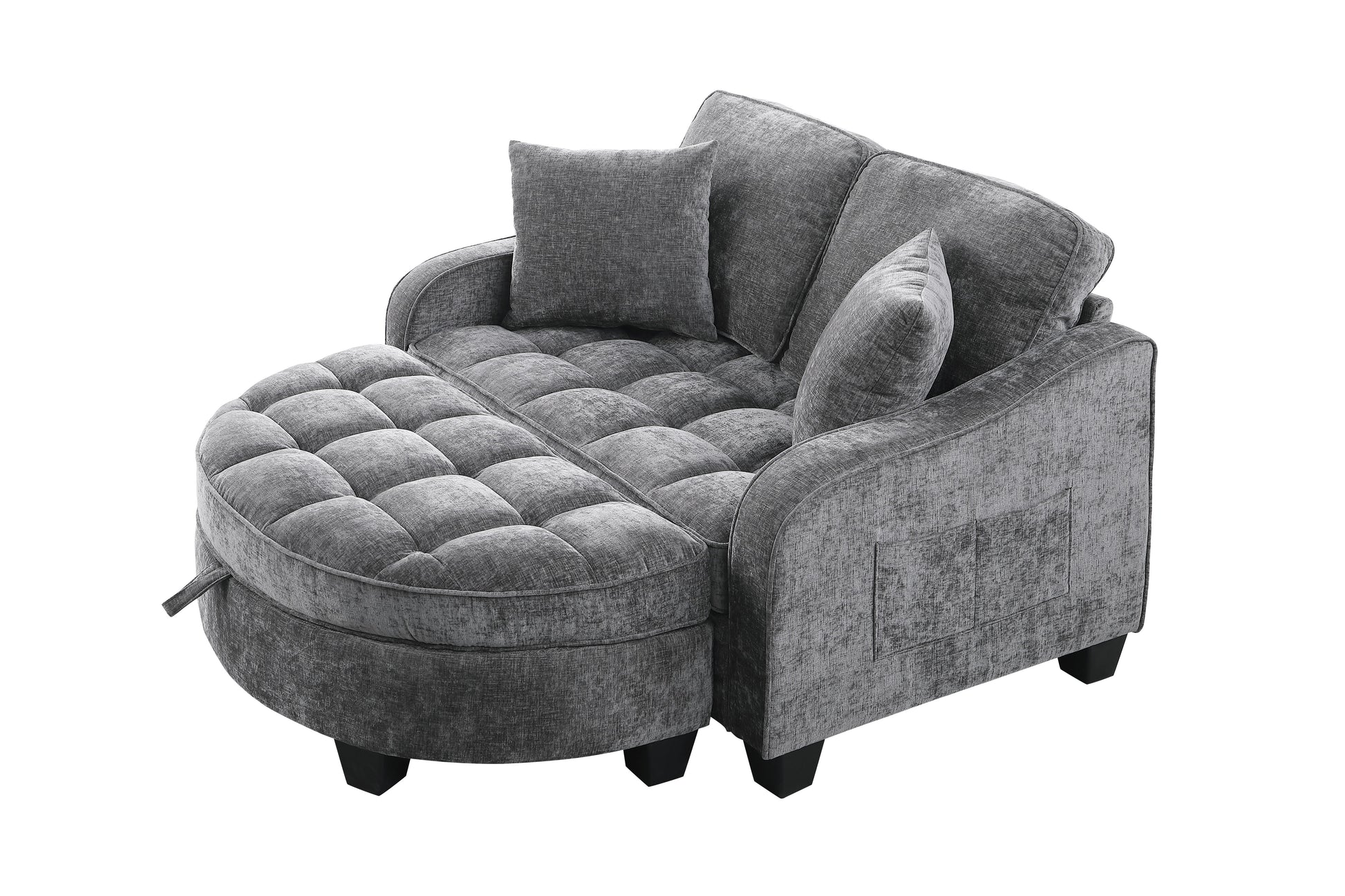 Two-seater sofa, double sofa chaise longue, with irregular armrests and backrests, footrest with storage space, comes with two small throw pillows, suitable for living room and bedroom - Grey image 9