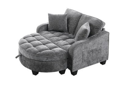 Two-seater sofa, double sofa chaise longue, with irregular armrests and backrests, footrest with storage space, comes with two small throw pillows, suitable for living room and bedroom - Grey image 9