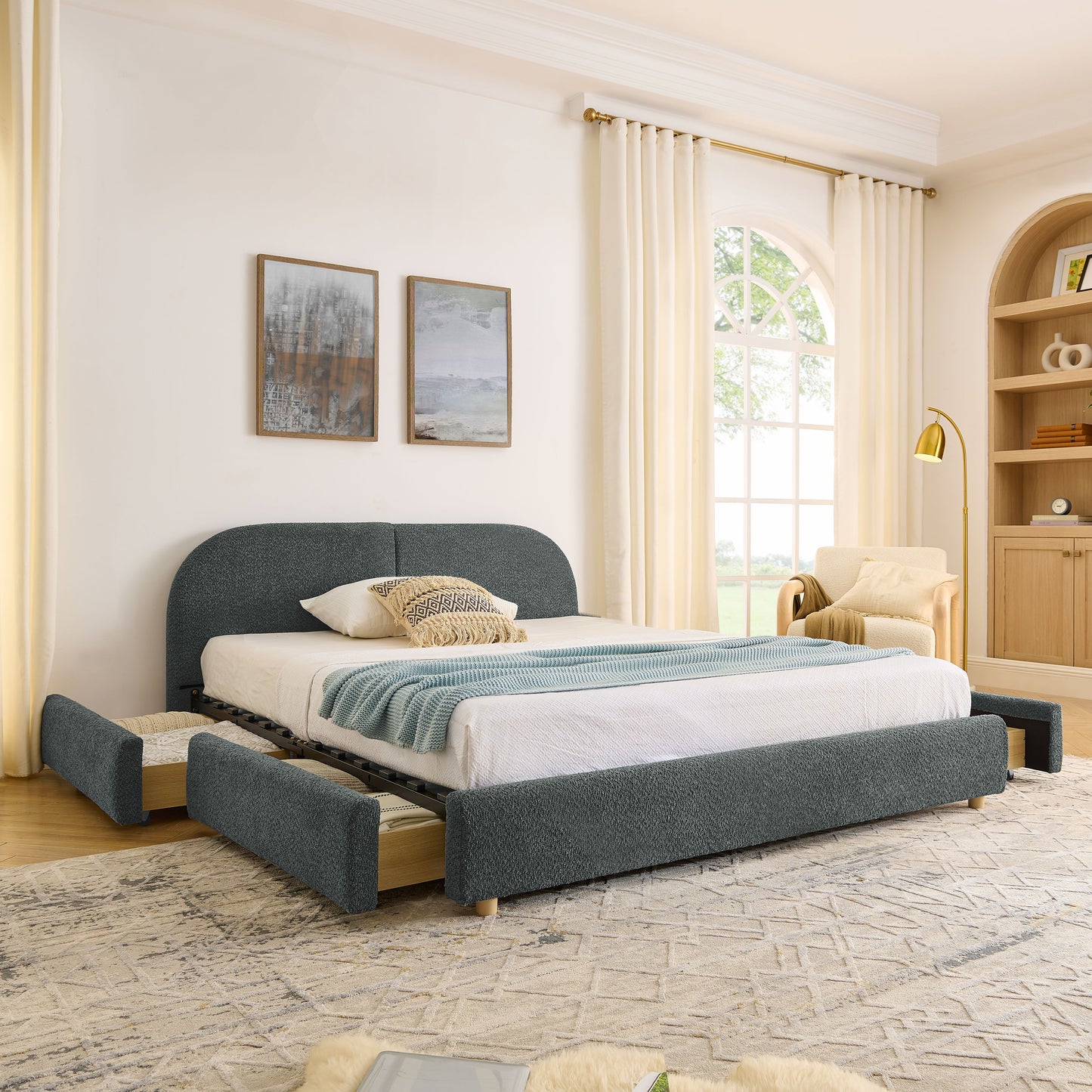 Queen Size Upholstered Bed Frame Modern Minimalist Style - Circle Yarn Fabric, Tall Curved Headboard, Sturdy Leg Support & Wheeled Drawer Storage, Mattress Not Included -Dark Gray image 1