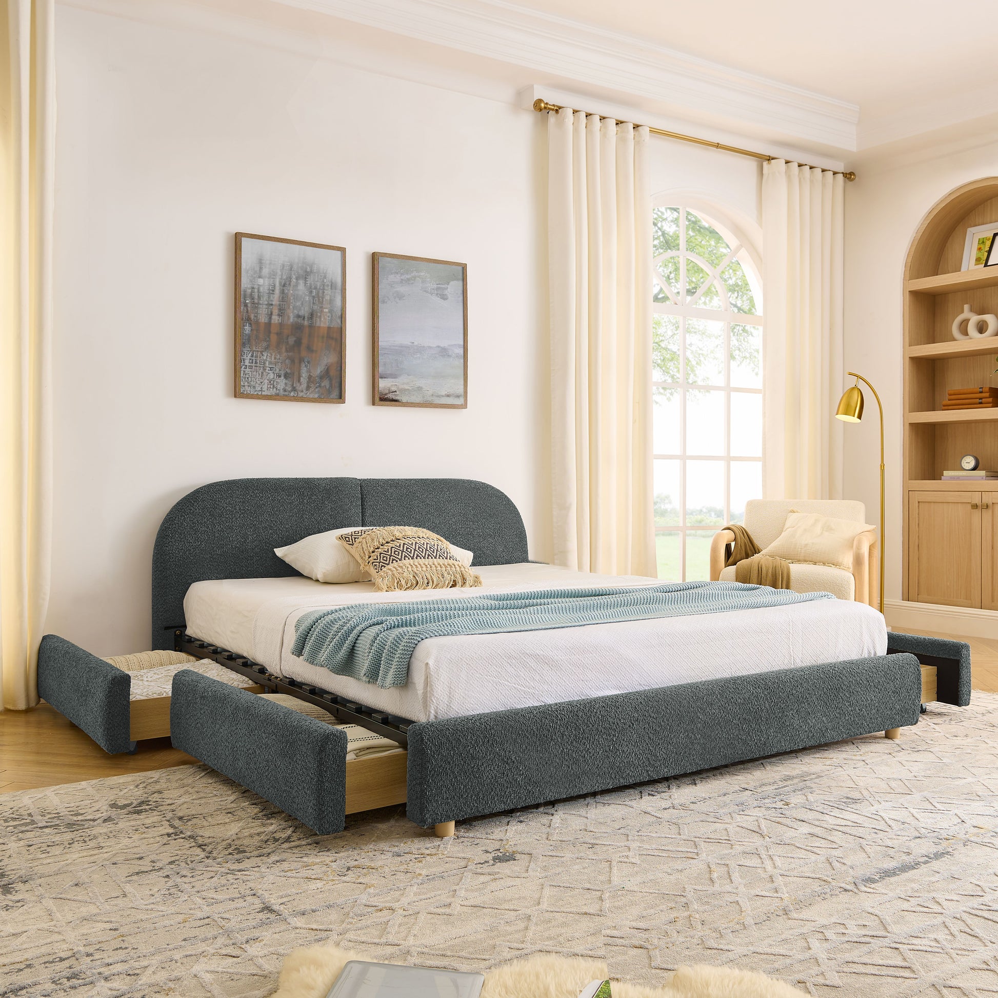 Queen Size Upholstered Bed Frame Modern Minimalist Style - Circle Yarn Fabric, Tall Curved Headboard, Sturdy Leg Support & Wheeled Drawer Storage, Mattress Not Included -Dark Gray image 1