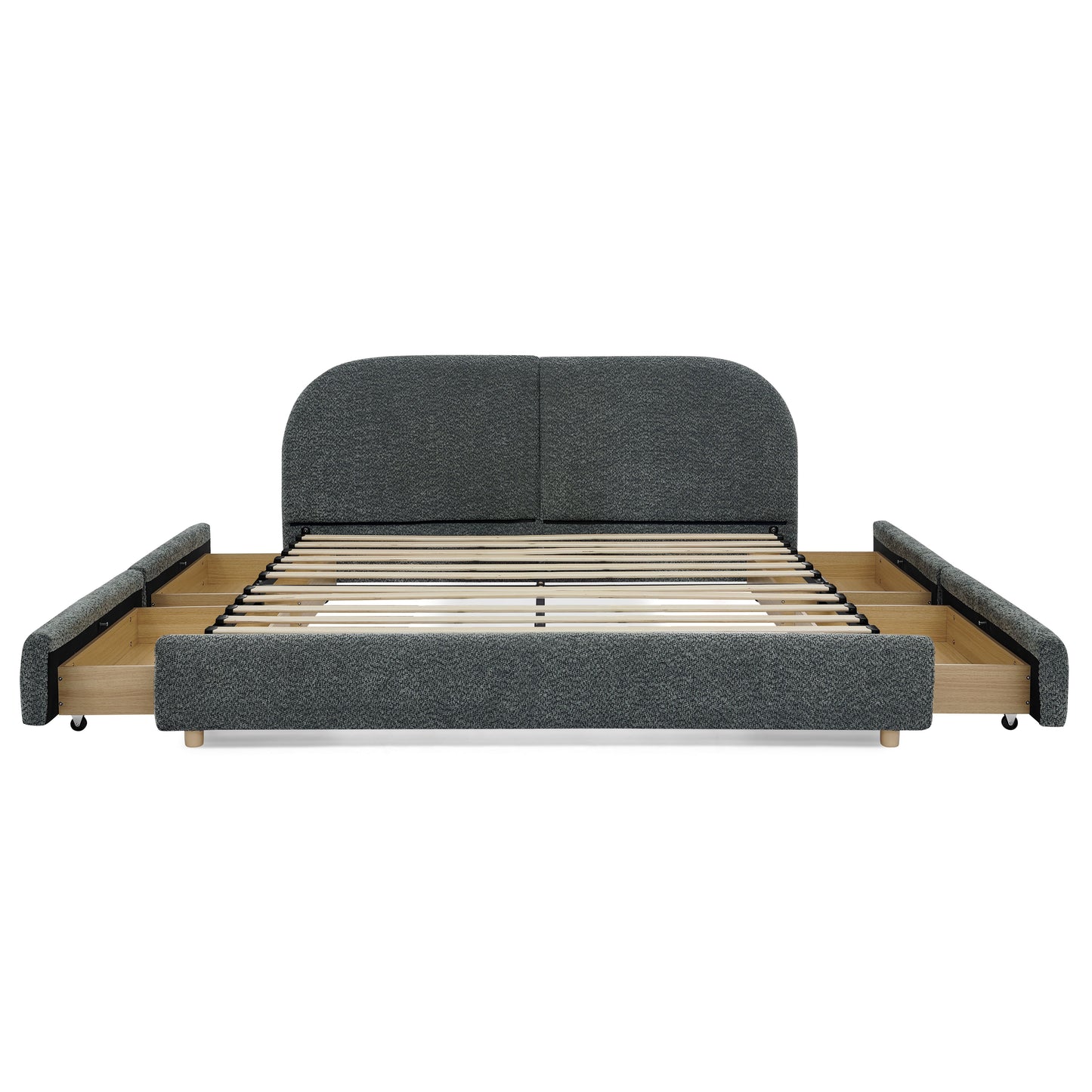 Queen Size Upholstered Bed Frame Modern Minimalist Style - Circle Yarn Fabric, Tall Curved Headboard, Sturdy Leg Support & Wheeled Drawer Storage, Mattress Not Included -Dark Gray image 10