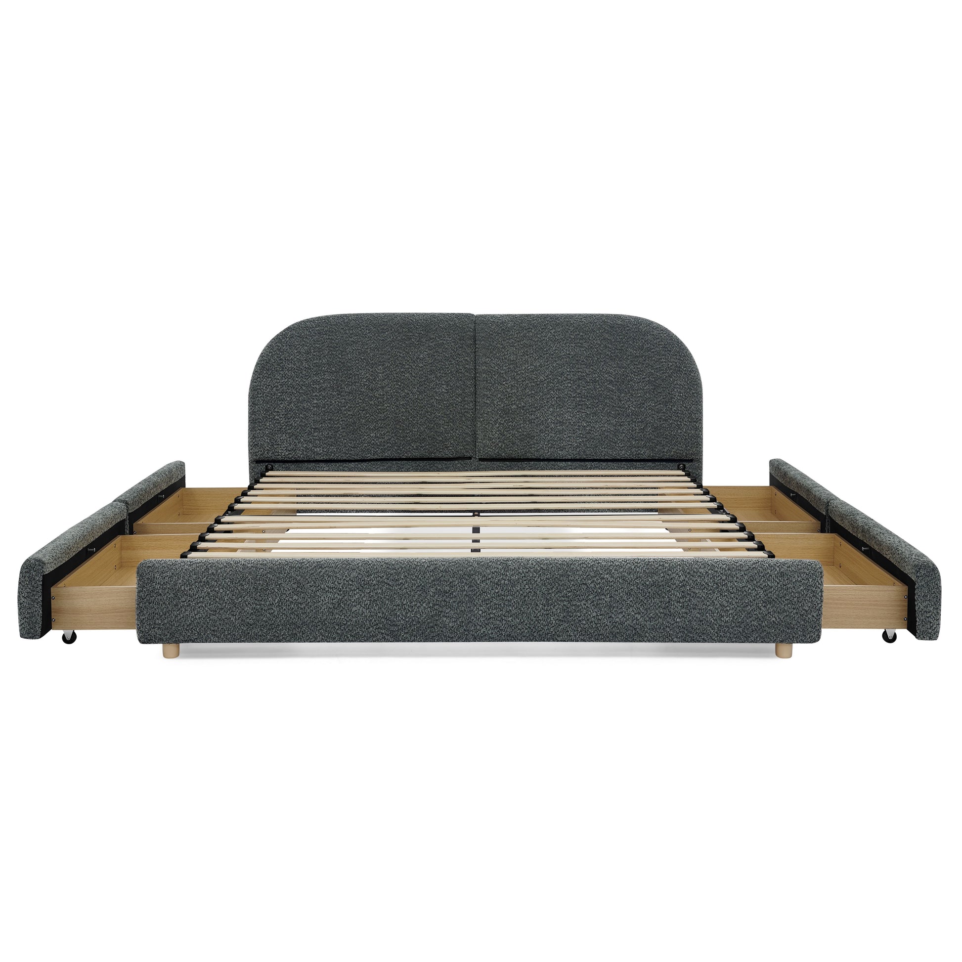 Queen Size Upholstered Bed Frame Modern Minimalist Style - Circle Yarn Fabric, Tall Curved Headboard, Sturdy Leg Support & Wheeled Drawer Storage, Mattress Not Included -Dark Gray image 10