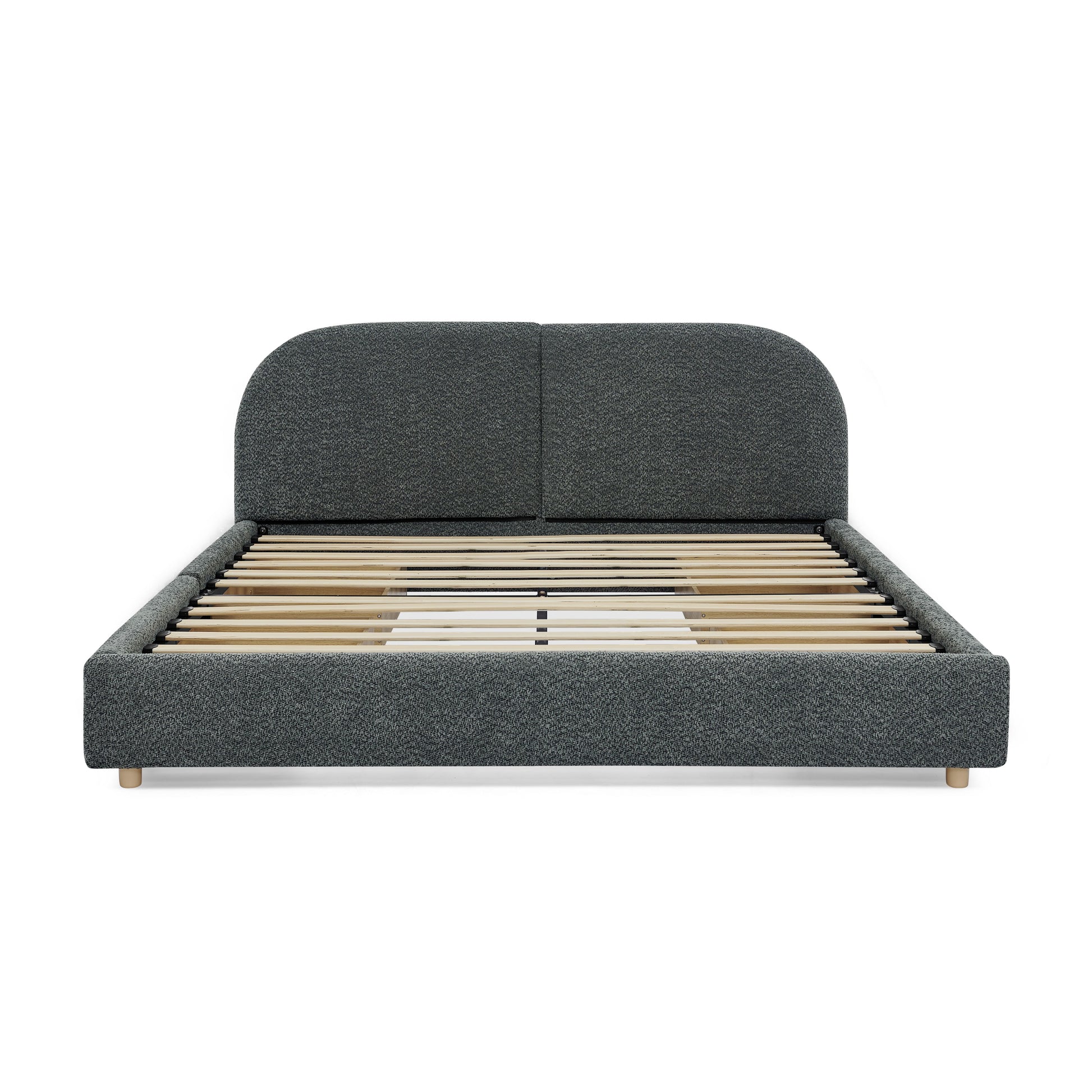 Queen Size Upholstered Bed Frame Modern Minimalist Style - Circle Yarn Fabric, Tall Curved Headboard, Sturdy Leg Support & Wheeled Drawer Storage, Mattress Not Included -Dark Gray image 11