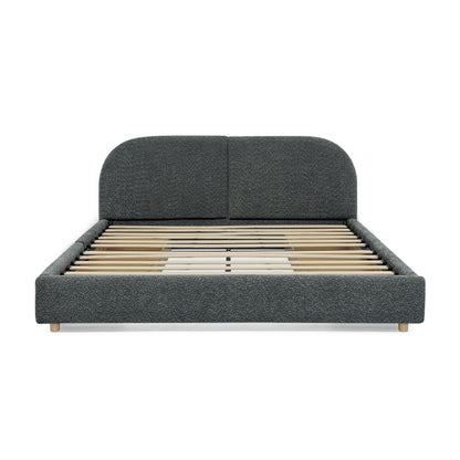 Queen Size Upholstered Bed Frame Modern Minimalist Style - Circle Yarn Fabric, Tall Curved Headboard, Sturdy Leg Support & Wheeled Drawer Storage, Mattress Not Included -Dark Gray image 11