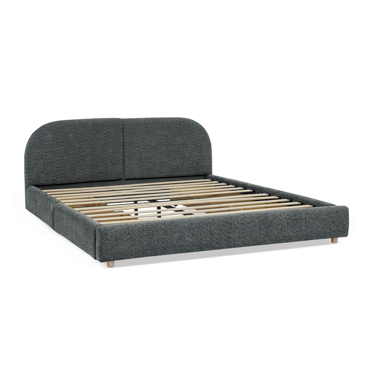 Queen Size Upholstered Bed Frame Modern Minimalist Style - Circle Yarn Fabric, Tall Curved Headboard, Sturdy Leg Support & Wheeled Drawer Storage, Mattress Not Included -Dark Gray image 12