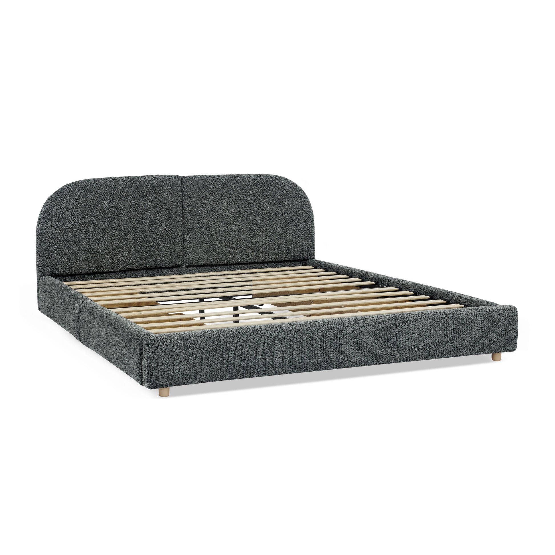 Queen Size Upholstered Bed Frame Modern Minimalist Style - Circle Yarn Fabric, Tall Curved Headboard, Sturdy Leg Support & Wheeled Drawer Storage, Mattress Not Included -Dark Gray image 12