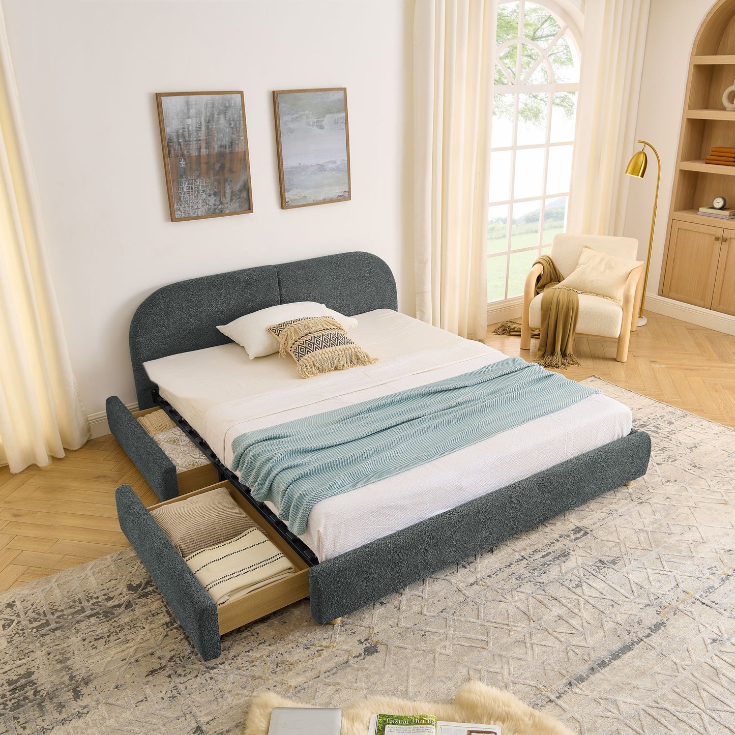 Queen Size Upholstered Bed Frame Modern Minimalist Style - Circle Yarn Fabric, Tall Curved Headboard, Sturdy Leg Support & Wheeled Drawer Storage, Mattress Not Included -Dark Gray image 3