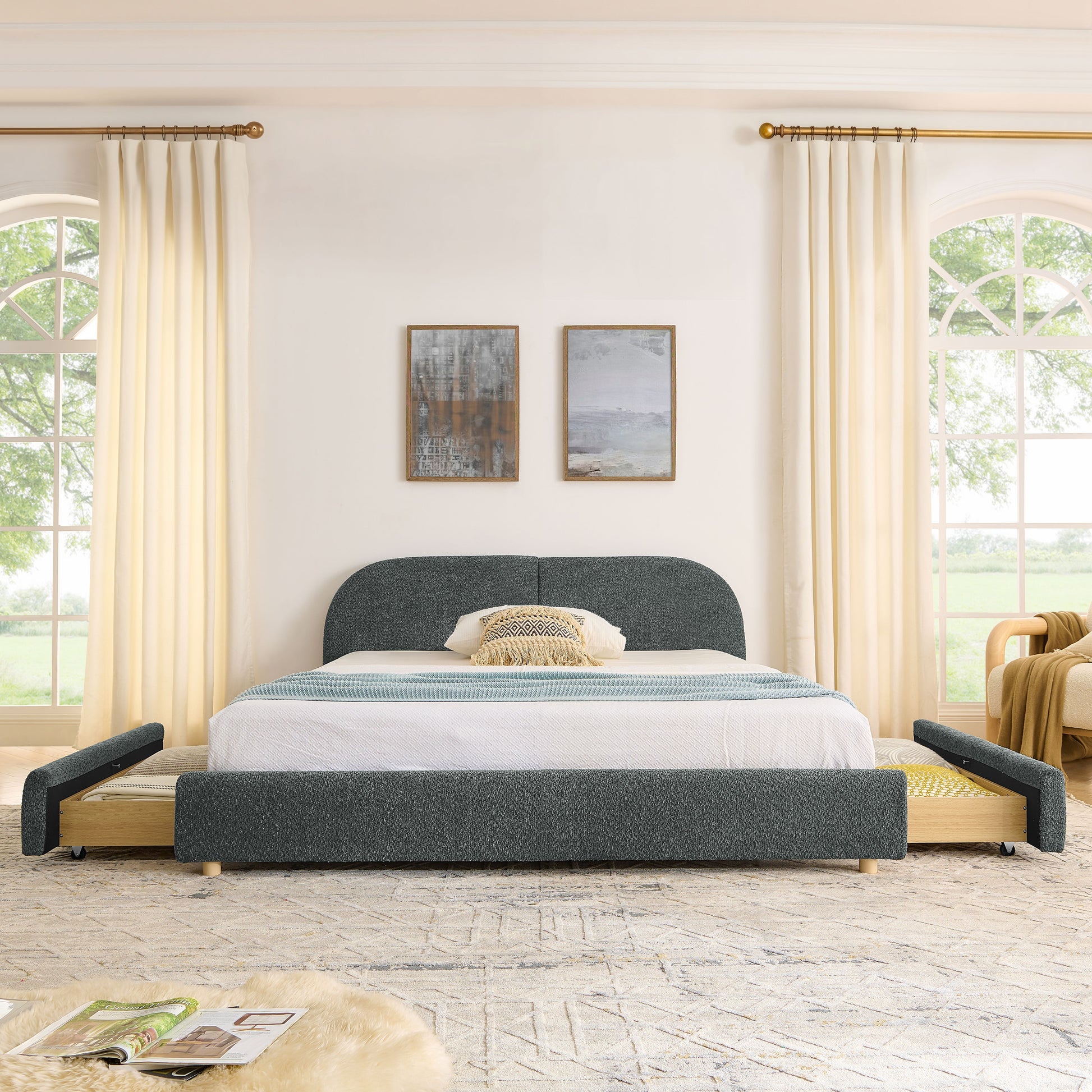 Queen Size Upholstered Bed Frame Modern Minimalist Style - Circle Yarn Fabric, Tall Curved Headboard, Sturdy Leg Support & Wheeled Drawer Storage, Mattress Not Included -Dark Gray image 4