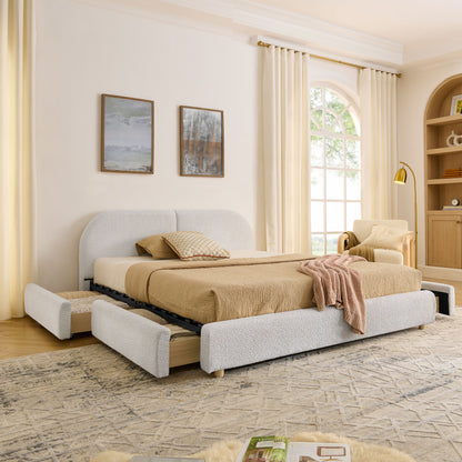 Queen Size Upholstered Bed Frame Modern Minimalist Style - Circle Yarn Fabric, Tall Curved Headboard, Sturdy Leg Support & Wheeled Drawer Storage, Mattress Not Included -Beige image 1