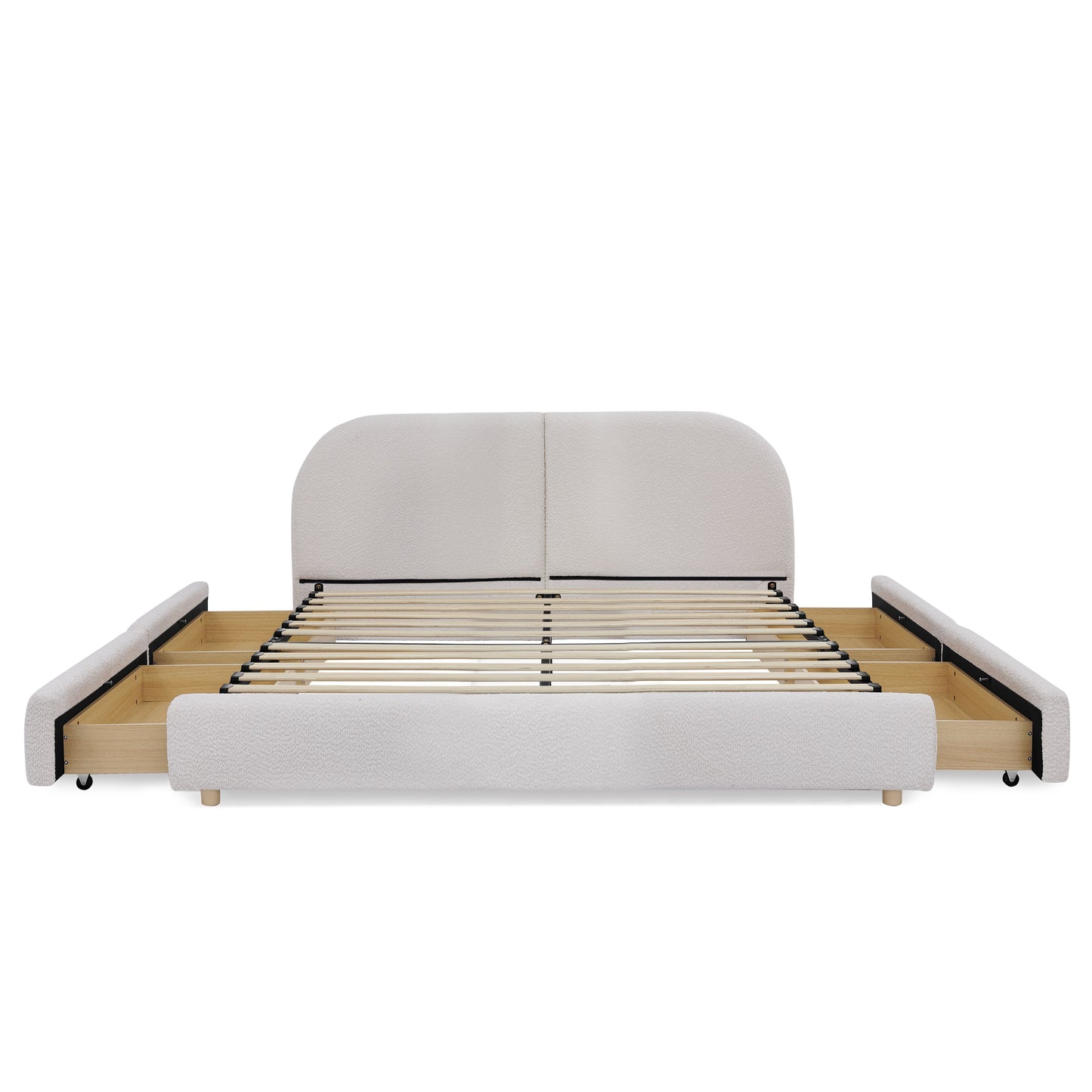 Queen Size Upholstered Bed Frame Modern Minimalist Style - Circle Yarn Fabric, Tall Curved Headboard, Sturdy Leg Support & Wheeled Drawer Storage, Mattress Not Included -Beige image 10