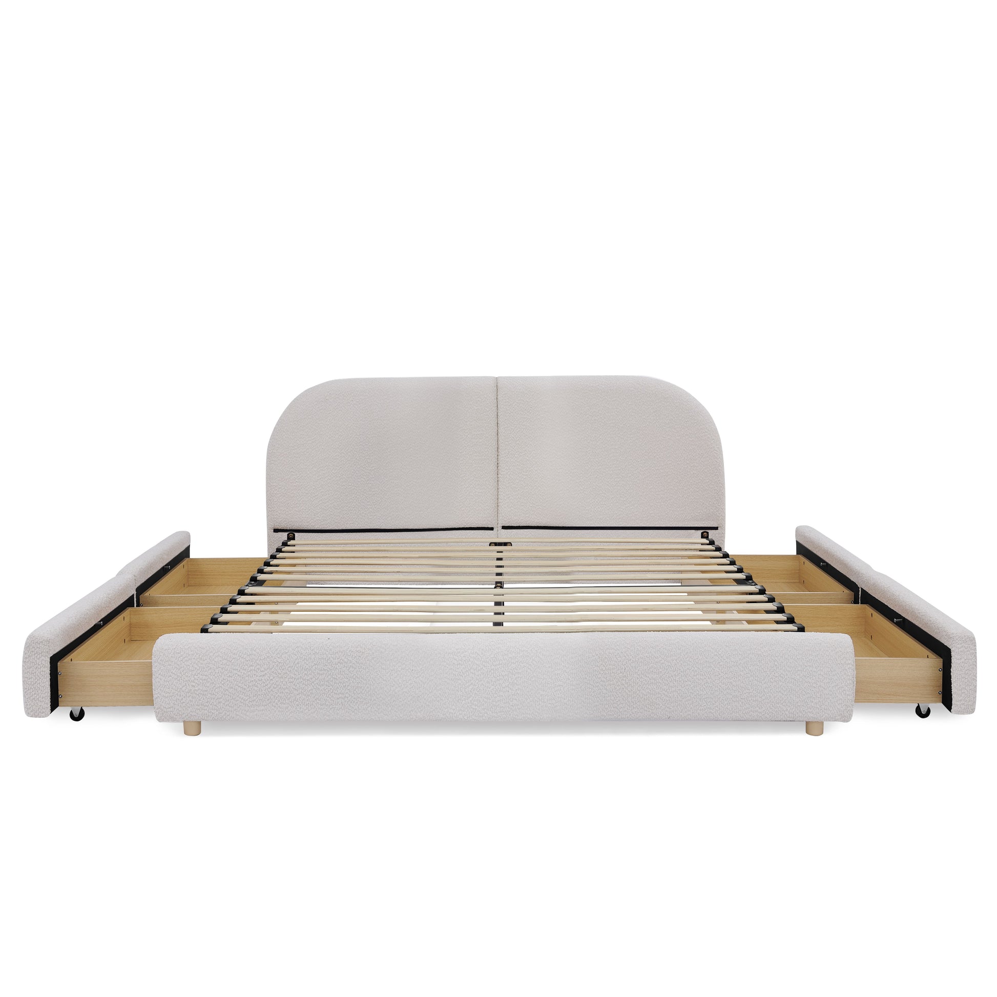 Queen Size Upholstered Bed Frame Modern Minimalist Style - Circle Yarn Fabric, Tall Curved Headboard, Sturdy Leg Support & Wheeled Drawer Storage, Mattress Not Included -Beige image 10