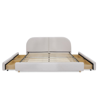 Queen Size Upholstered Bed Frame Modern Minimalist Style - Circle Yarn Fabric, Tall Curved Headboard, Sturdy Leg Support & Wheeled Drawer Storage, Mattress Not Included -Beige image 10