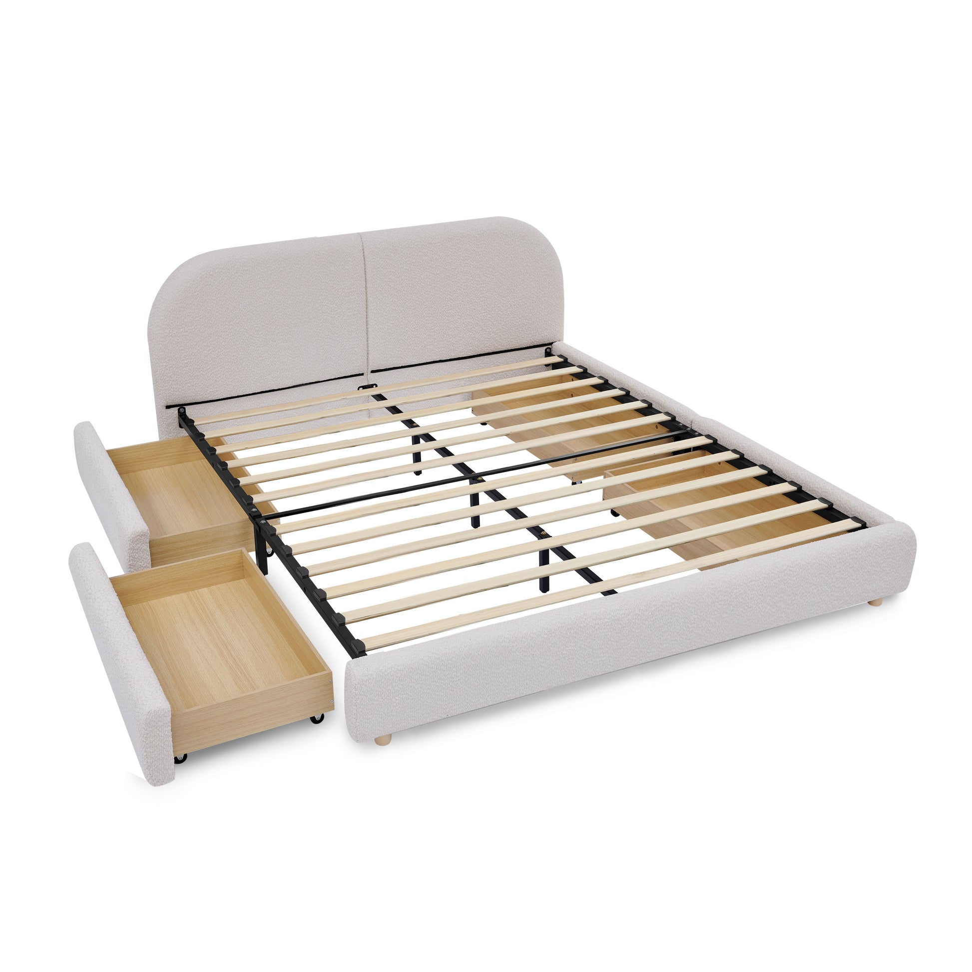 Queen Size Upholstered Bed Frame Modern Minimalist Style - Circle Yarn Fabric, Tall Curved Headboard, Sturdy Leg Support & Wheeled Drawer Storage, Mattress Not Included -Beige image 12
